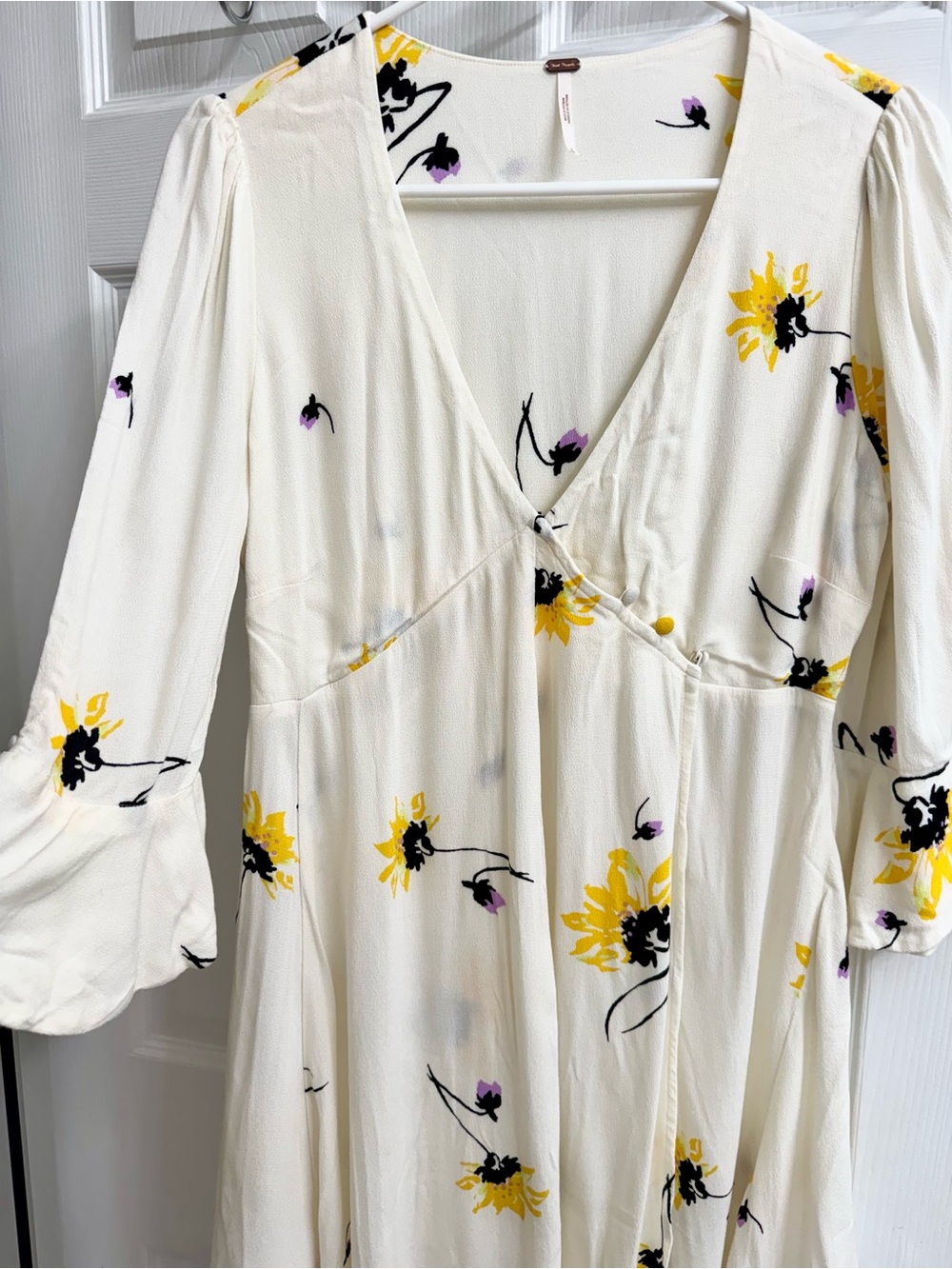 FREE PEOPLE Floral V-Neck Cream Midi Dress with Yellow Bloom Print